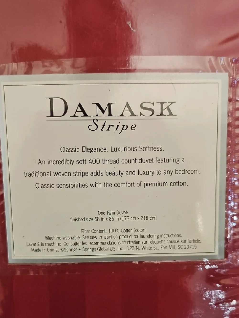 New in package Damask Twin Duvet Cover - Red 100 % cotton 400 Thread